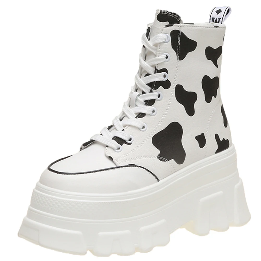 

DORATASIA INS Hot Sale Female Boots High Heel Thick Bottom Round Toe Lace-Up Platform Boots Leopard Casual Trendy Shoes