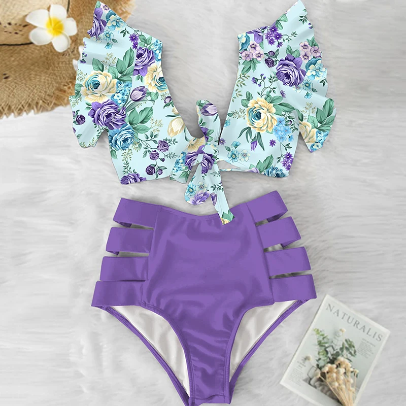 

Floral Ruffled Hem Bikini Set Women Flora V-Neck High-Waisted Two Piece Swimsuit 2021 Girl Beach Bathing Suit Swimwear