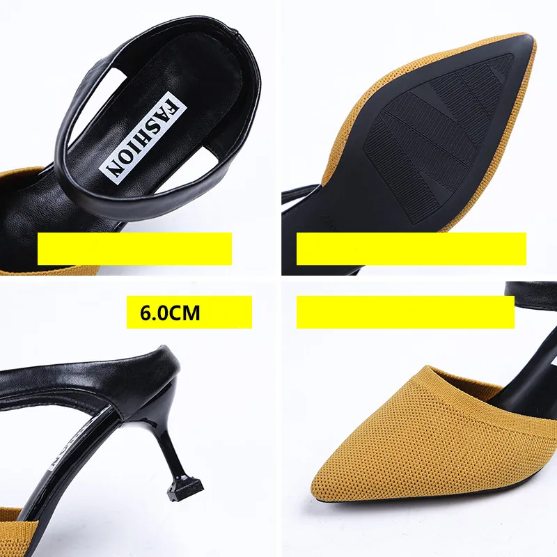 

Pointed Slippers Women Knitted Elastic Mesh High Heels Mixed Colors Party Shoes Thin Heel Shallow Slides Summer Shoes Large Size