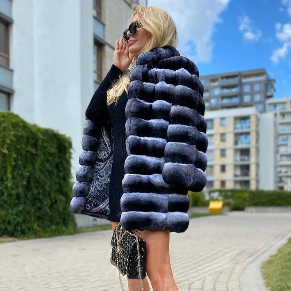 Fashion Mid-length Real Rex Rabbit Fur Coat with Lapel Collar New Trendy Thick Warm Genuine Full Pelt Rex Rabbit Fur Coat Female