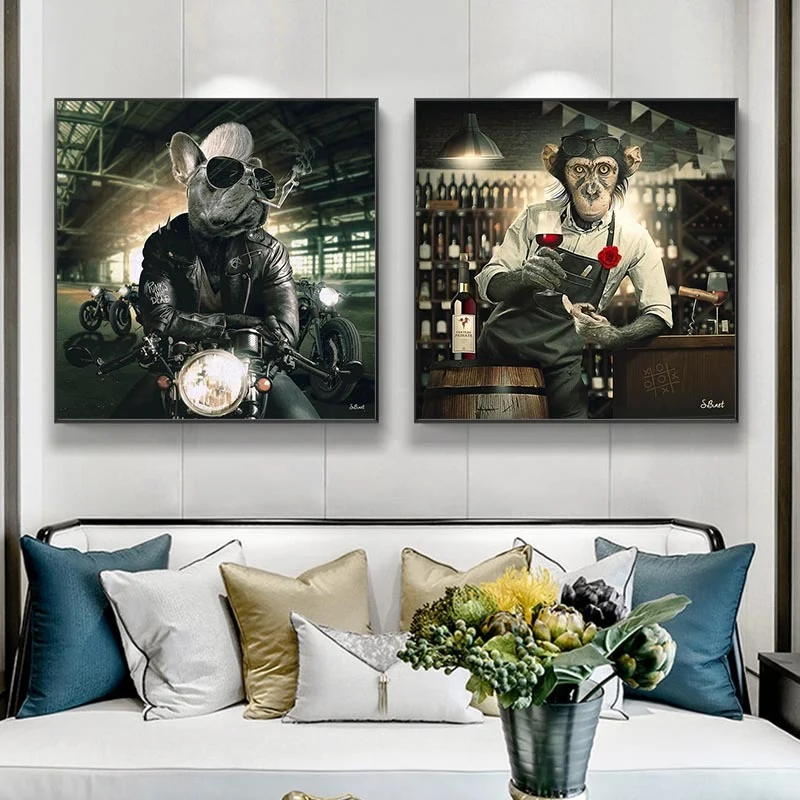 

Street Aniaml Art Gentleman Monkey Dog Oil Painting on Canvas Wall Art Posters Prints Wall Picture for Living Room Home Cuadros