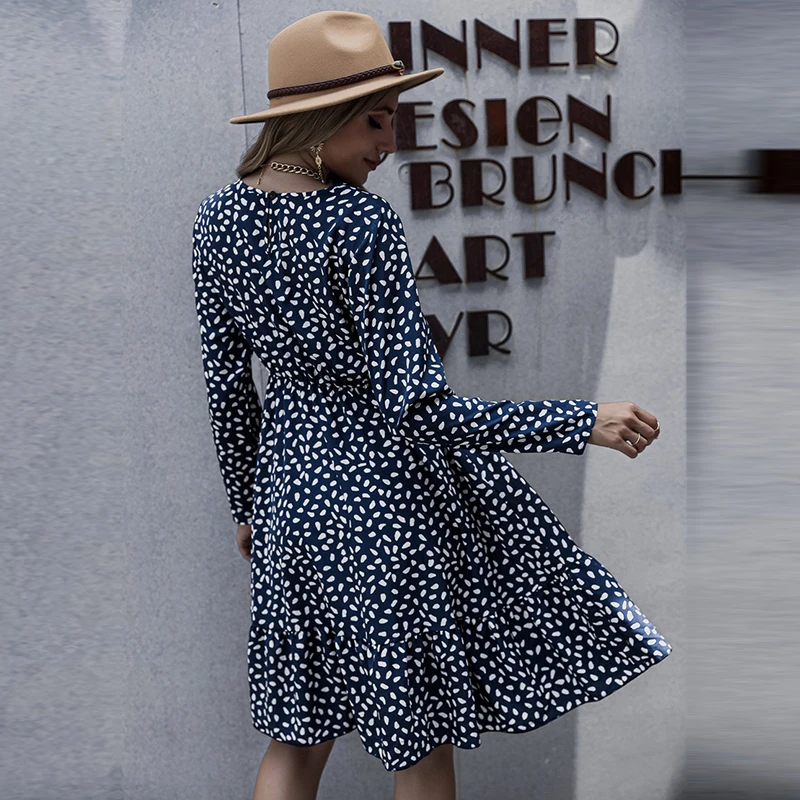

New Fashion Autumn Winter Dot Print Dress Women Casual Ruffles O Neck High Waist Slim Knee Length Dress For Women 2021