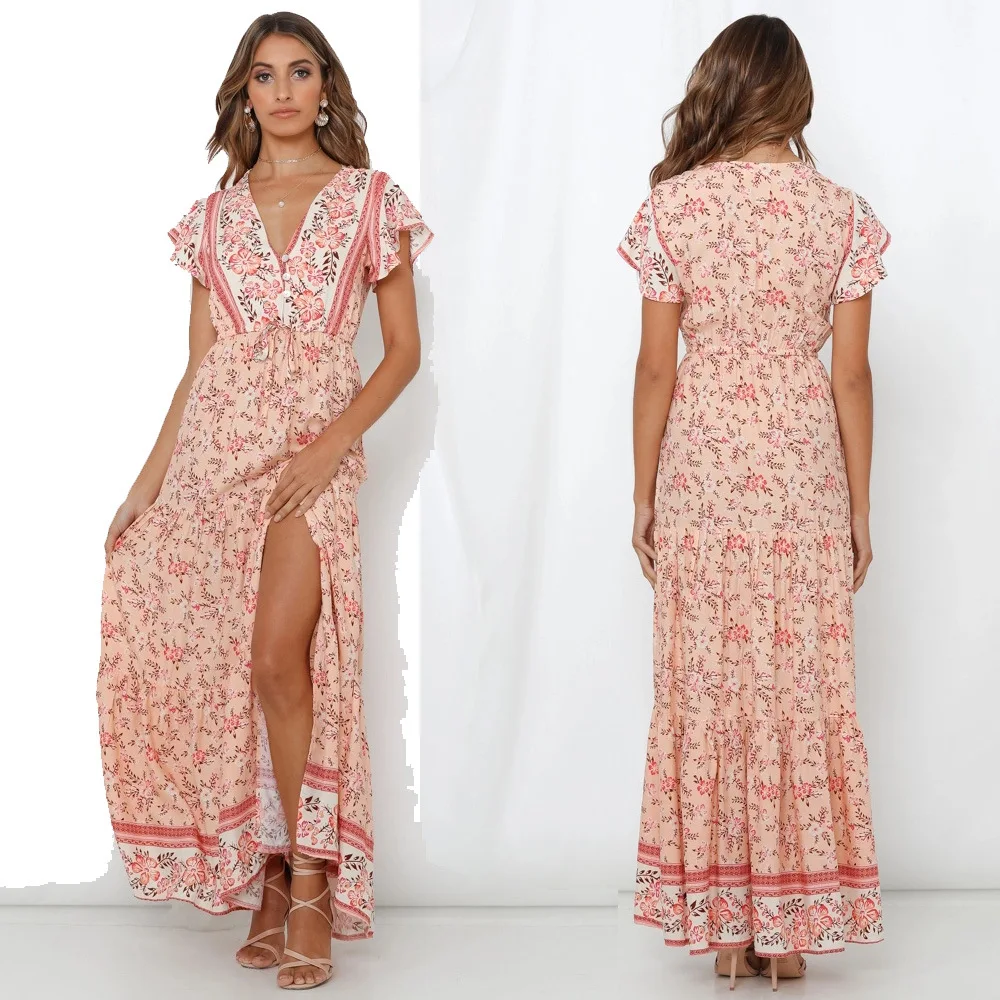 

Women's clothing New Europe and AmericaVCollar chest button printed long split short sleeve printed dress