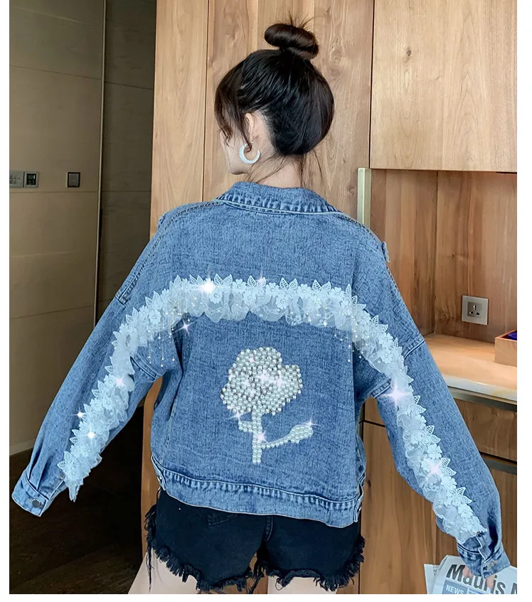 

Diamond Beaded Flower Denim Short Jacket Female 2020 Autumn New Korean Loose Lace Patchwork Women Hole Fashion Outerwear