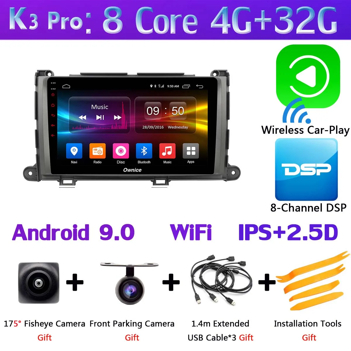 K3 Pro CarPlay 360 ° панорамный 4G SIM 8Core 4G+ 64G Android 9,0 автомобильный мультимедийный плеер радио для Toyota Sienna 2011 2012 2013 gps DSP CarPlay - Цвет: K3 Pro CarPlay