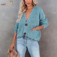 haoohu solid color cardigan single breasted long sleeve sweater coat cardigan urban casual women clothing 2021 autumn winter new