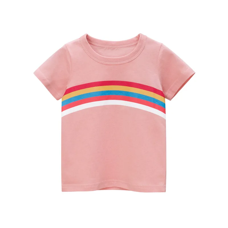 

HT New Baby Girls T-shirt Tops Big Girls Tee Shirts Children Girl 2-8 Years Rainbow Printing Summer Short Sleeves Cotton Tees