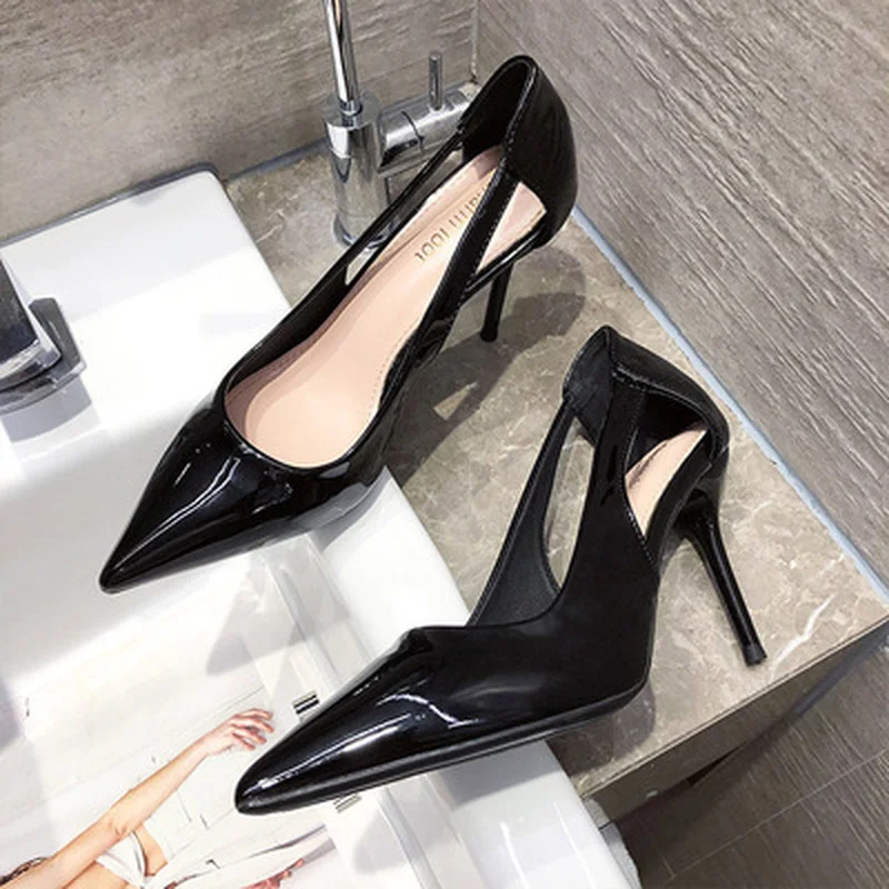 

Shoes Gold Heels Hollow Work Dress Professional Pointed Pumps 2021 Sweet Patent Leather Sandals Ladies Slip
