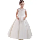 Атласное кружевное бальное платье для девочек, Белое Бальное Платье без рукавов с круглым вырезом и аппликацией, для свадьбы, первого Дня Святого Причастия