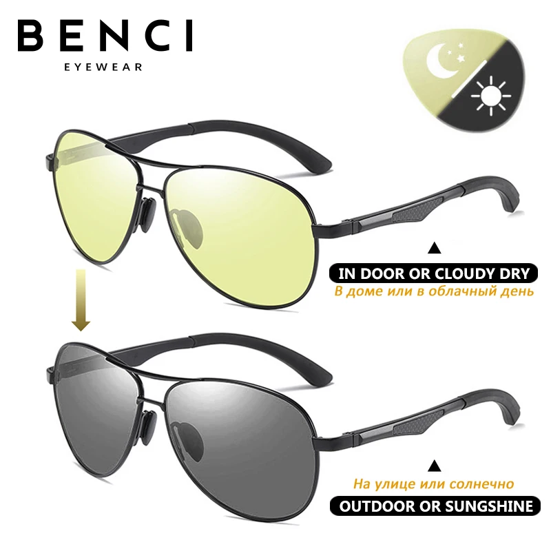 

Benci Aviation Discoloration Driving Photochromic Sunglasses Men Polarized Chameleon Day Night Vision UV400 gafas de sol hombre