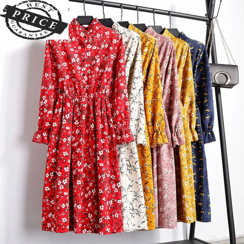 

Vintage Dress Women A-line Long Sleeve Floral Print Dresses Midi Corduroy High Elastic Waist Vestidos Verano 2021 LWL16a2
