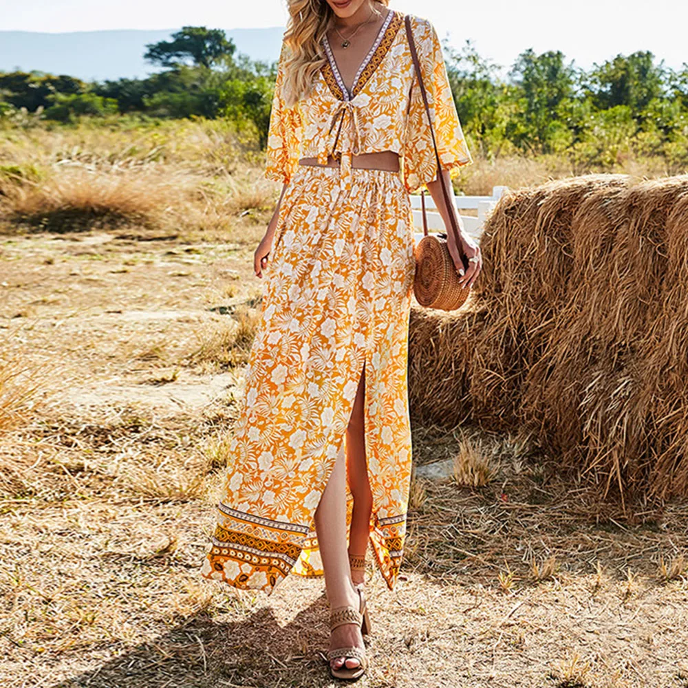 

Bohemian Women's Two Piece Sets Fashion Temperament Elegant Vacation Split Fork Printing V-neck Sexy 7-point Sleeve High Waist