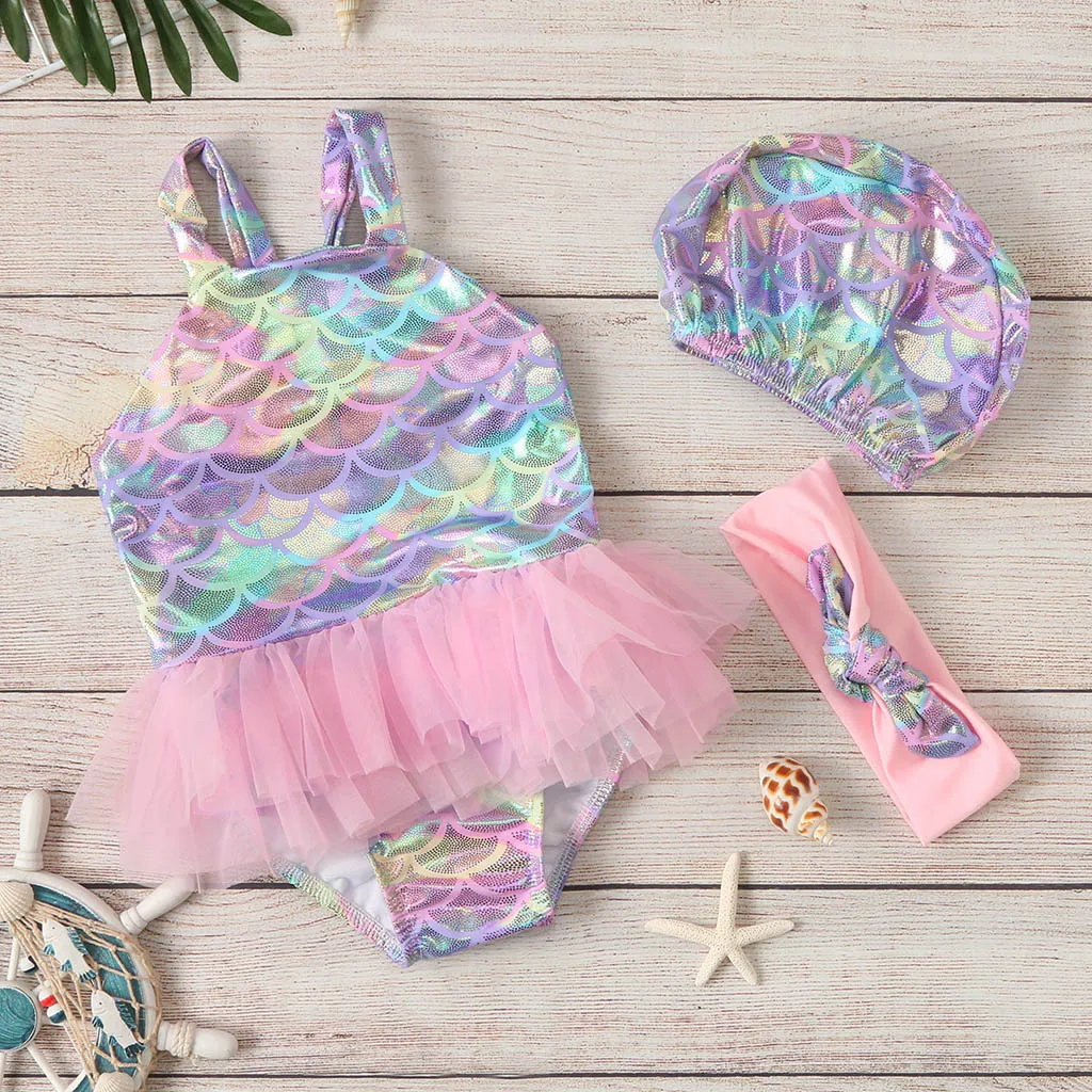 Слитный купальник для девочек слитный без рукавов с блестками и сеткой в форме