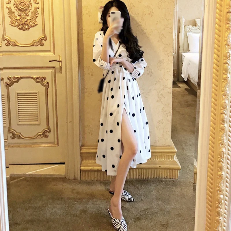 

Women Spring Summer Dress Korean Style Fashion Retro Chiffon Polka Dot V-Neck Three Quarter Sleeve Long Vestidos