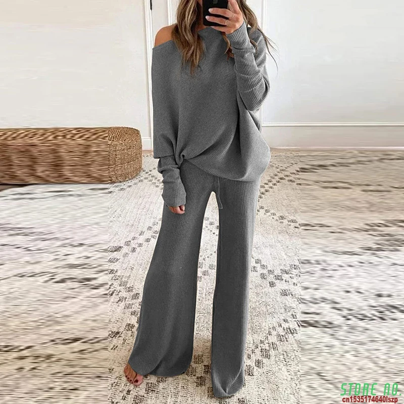 

Women Casual Solid Knitted Two Piece Sets Sexy Ladies Off Shoulder Loose Tops And Wide Leg Pants Suits 2021 Spring Casual Suits