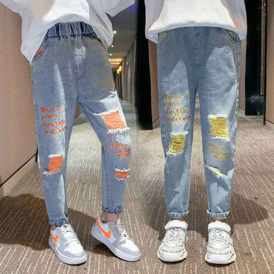 

Fashion 2020 Girls Letter Print Jeans New Spring Autumn Kids Girls Elastic Waist Children Denim Pants For 3 -12 Years Trousers