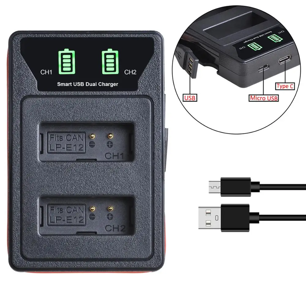 

3 Pcs LP-E12 LP E12 LPE12 LPE12 Battery + LED Dual USB Charger with type-C port for Canon EOS M50 M10EOS M100 100D Kiss X7