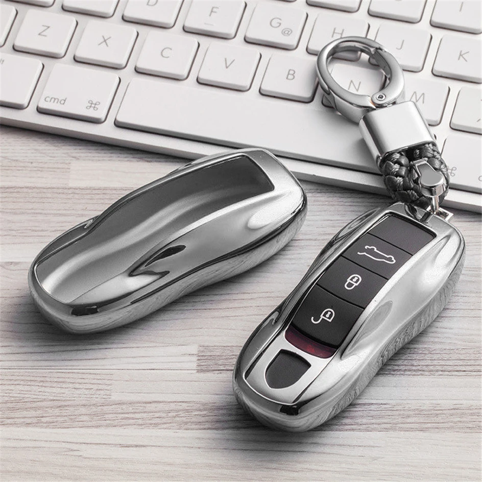 

Soft TPU Car Key Cover Fob Case Shell For Porsche Cayenne Macan Design 997 Panamera Cayman Hand-woven Keychain Keyring