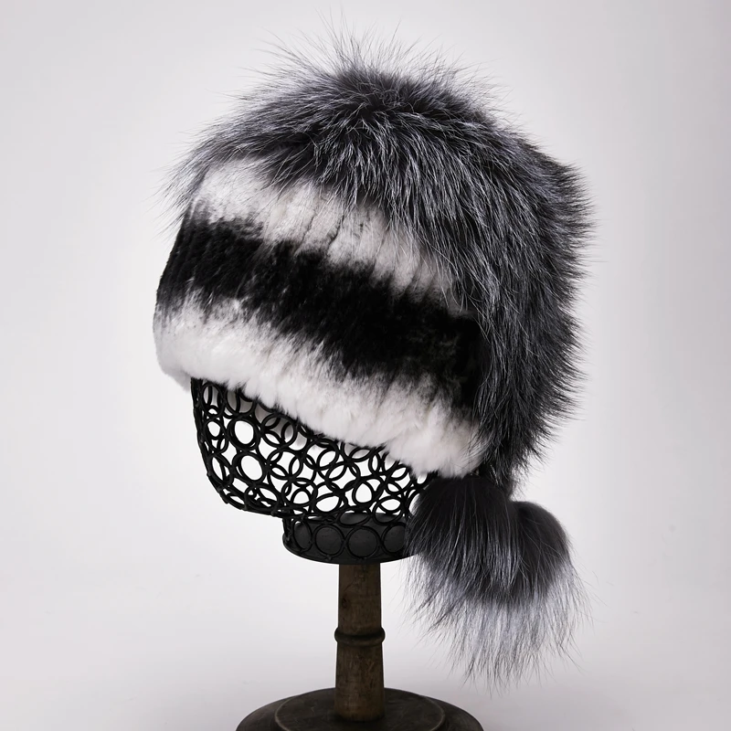 

ETHEL ANDERSON Winter Women Rex Rabbit Fur Hat with Whole Silver Fox Fur Top Knit Fur Hats Elastic High Quality Beanie Lady Caps