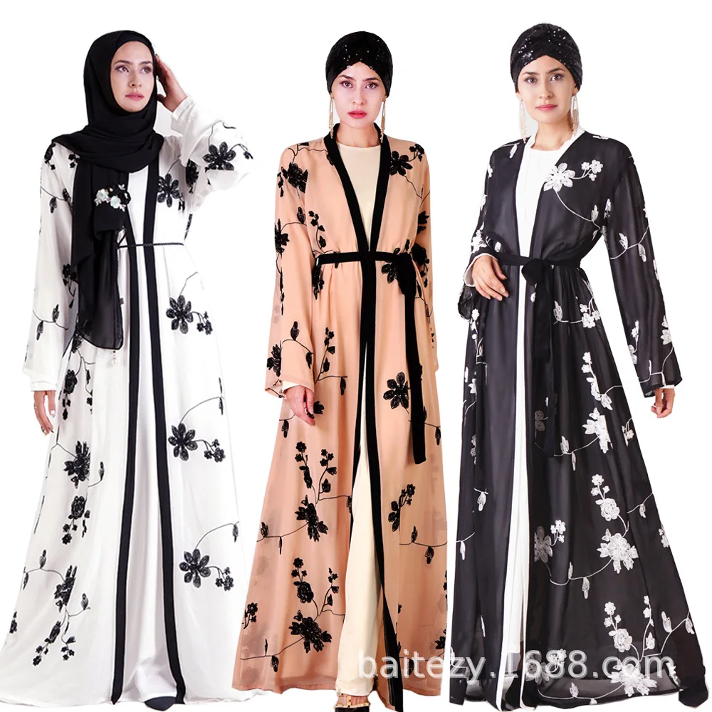 

Elegant Muslim Embroidery Abaya Chiffon Full Dress Cardigan Kimono Long Robe Gowns Jubah Middle East Eid Ramadan Islamic Prayer