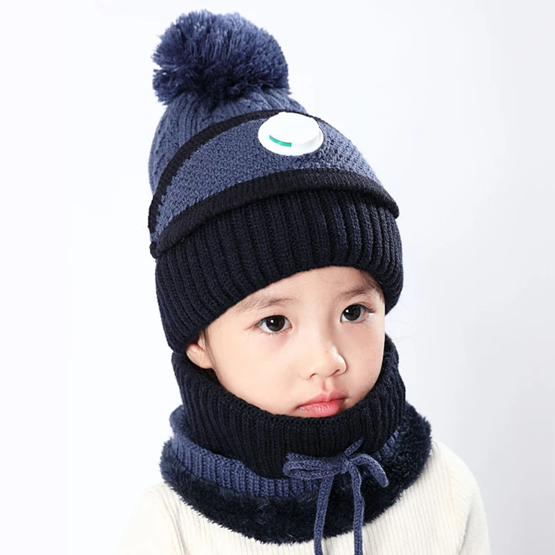 

3 in 1 Kids Knitted Scarf Hat Face Guard Set with Breathing Valve Winter Warm Soft for Children Outdoor C44