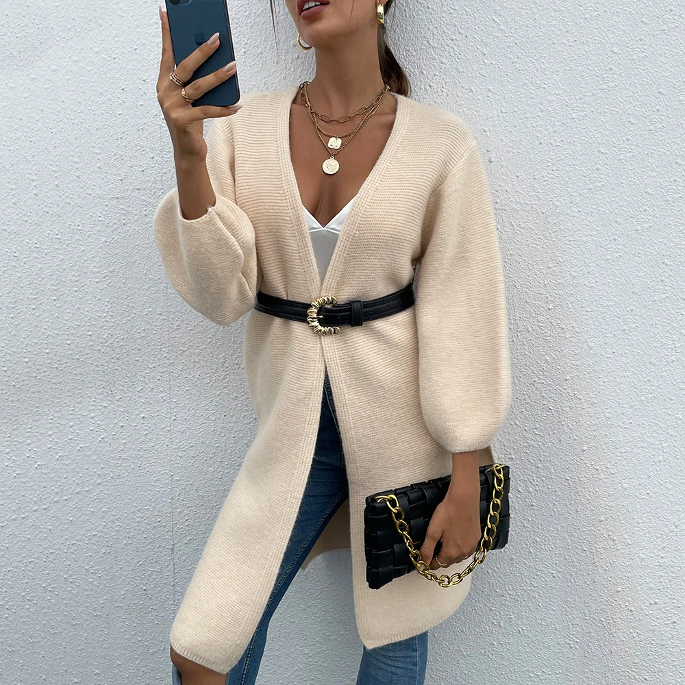 

New style long women's fashion autumn mid-length V-neck cardigan jacket lantern sleeve mid-length cardigan sweater hot style