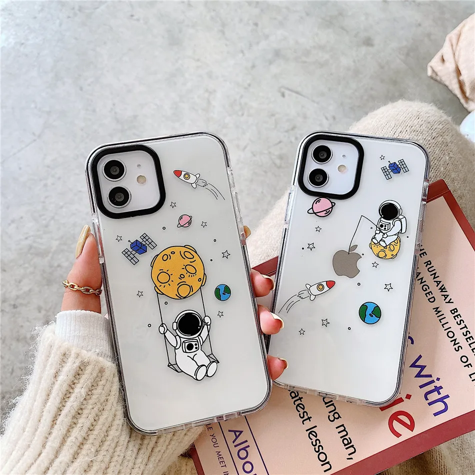 

LUPWAY Astronaut Moon Phone Case For iPhone 12 mini 11 Pro Max Transparent Planet X XS XR SE 2020 7 8 Plus Stars Soft TPU Cover