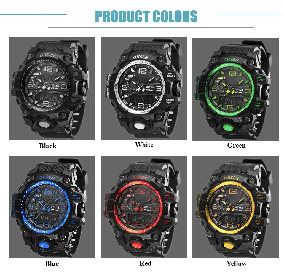 

OHSEN Fashion Outdoor Sport Watch Men Multifunction 5 Bar Waterproof Green Military Digital Wristwatches Clock Relogio Masculino