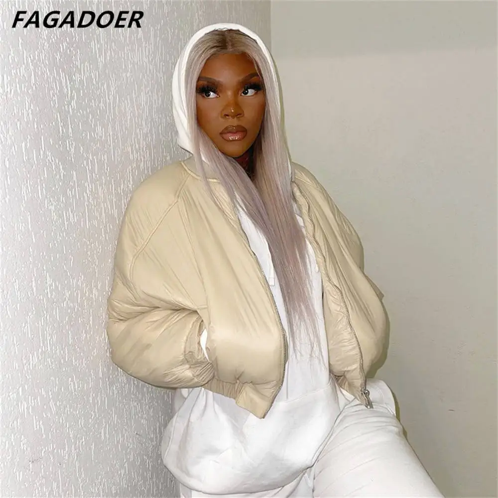 FAGADOER 2021 Fashion Women Down Coat Solid Zipper Jacket Female Round Neck Bread Service Outerwear Female Pockets Winter Coats