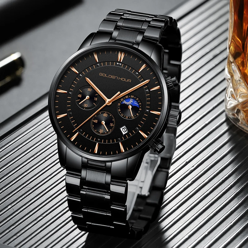 Часы наручные GOLDENHOUR Мужские кварцевые роскошные брендовые полностью стальные