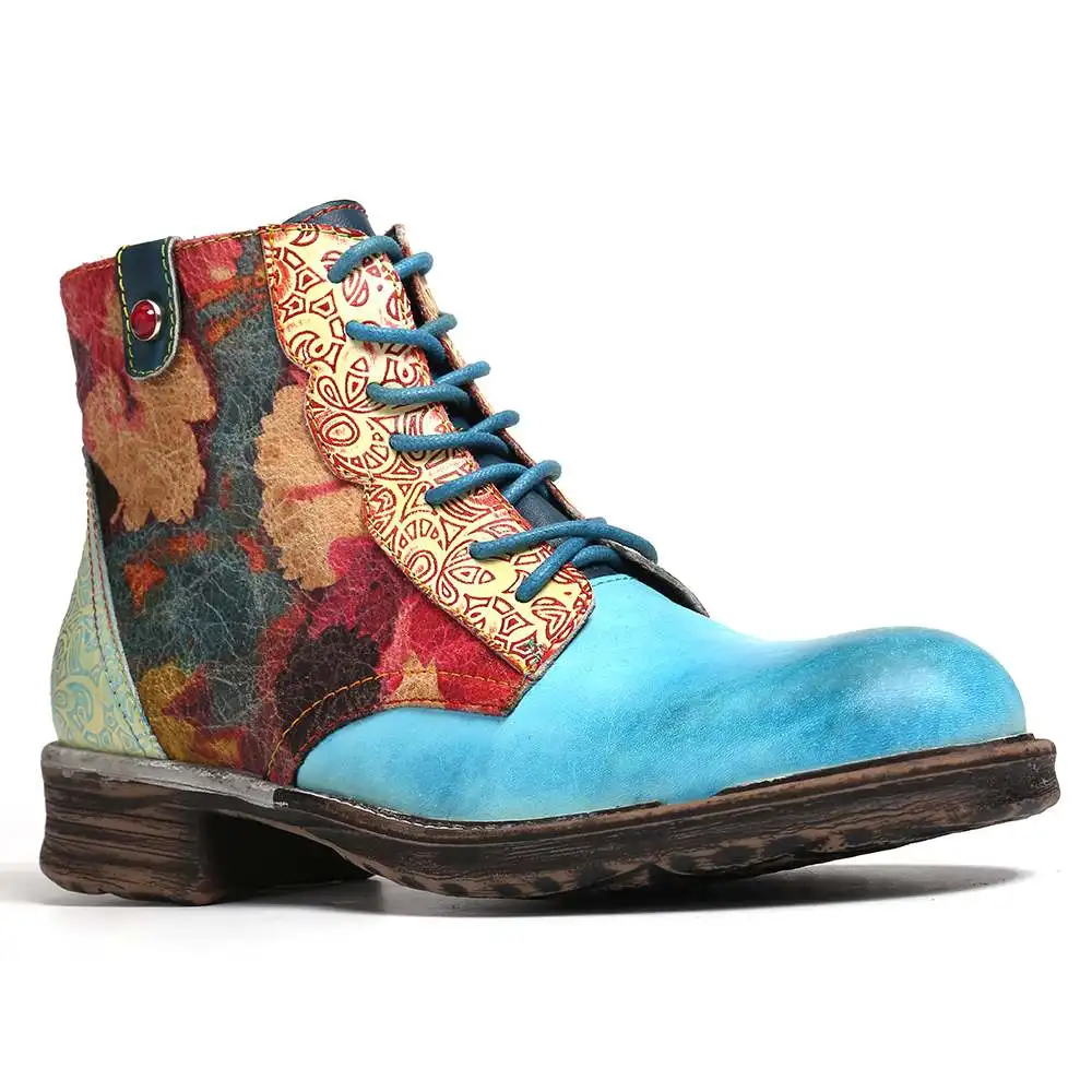 SOCOFY/Botas Mujer; ботинки с цветочным узором из натуральной кожи на молнии; короткие ботинки на плоской подошве со шнуровкой; женская обувь; женская зимняя обувь