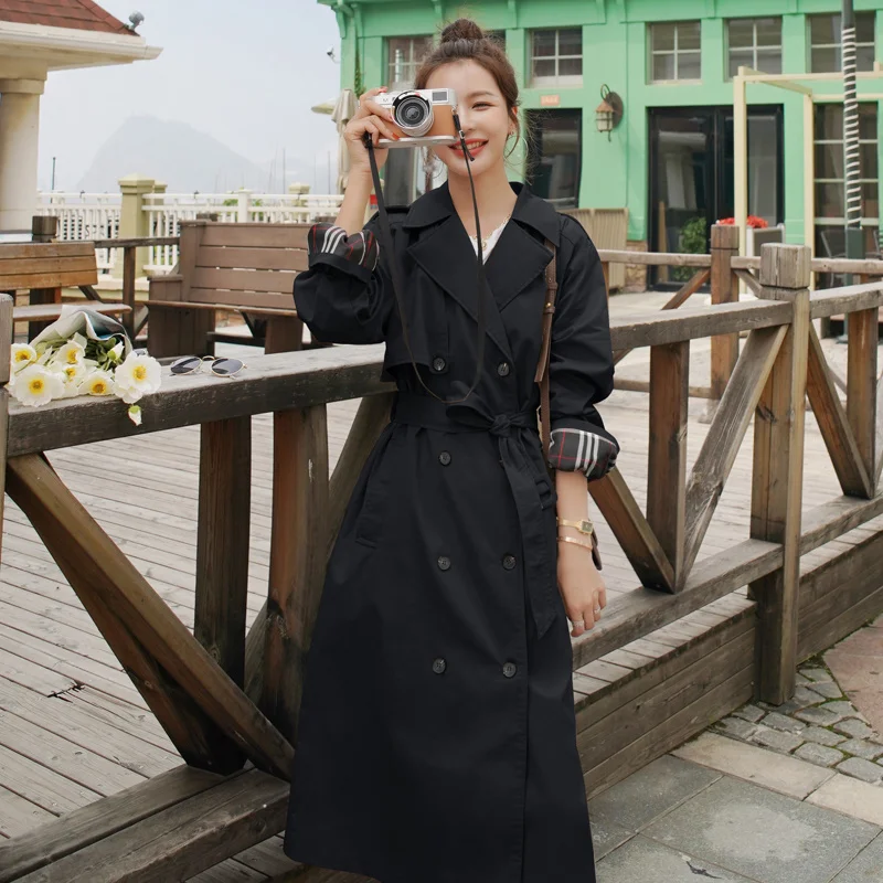 

New fashion brand double-breasted long women trench coat lady of the duster women's coat outerwear black khaki quality