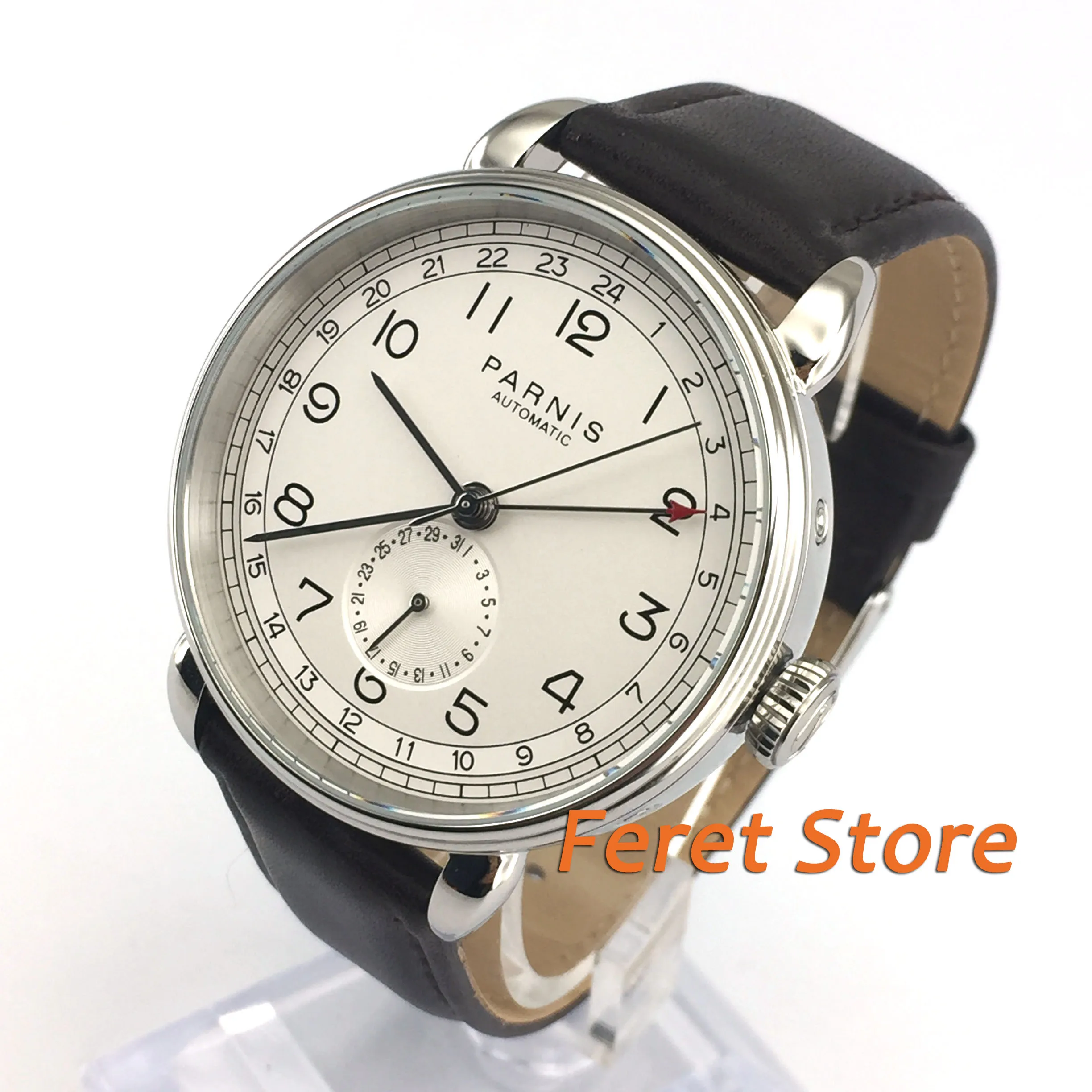 

Новые мужские часы PARNIS, 42 мм, GMT, Серебряный чехол, арабский знак, дата, окно, кожаный ремешок, мужские часы для отдыха, автоматические механические часы