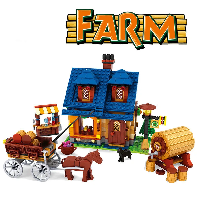 Ферма комбайн деревня рынок модель строительные блоки лошадь карета фермер
