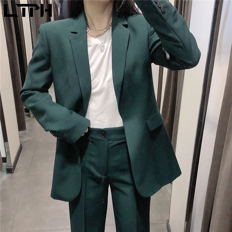 LTPH-Conjunto de 2 piezas de Blazer y pantalones de cintura alta para mujer, conjunto informal de negocios, color verde oscuro, para oficina, primavera, 2021
