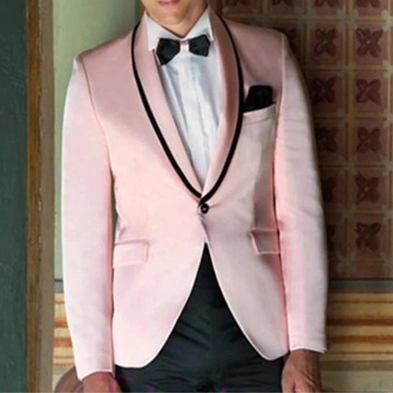 

Pink Slim fit Prom Men Suits for Boyfriend Clothes 2 pieces Wedding Tuxedos Man Suit Set Jacket with Black Pants