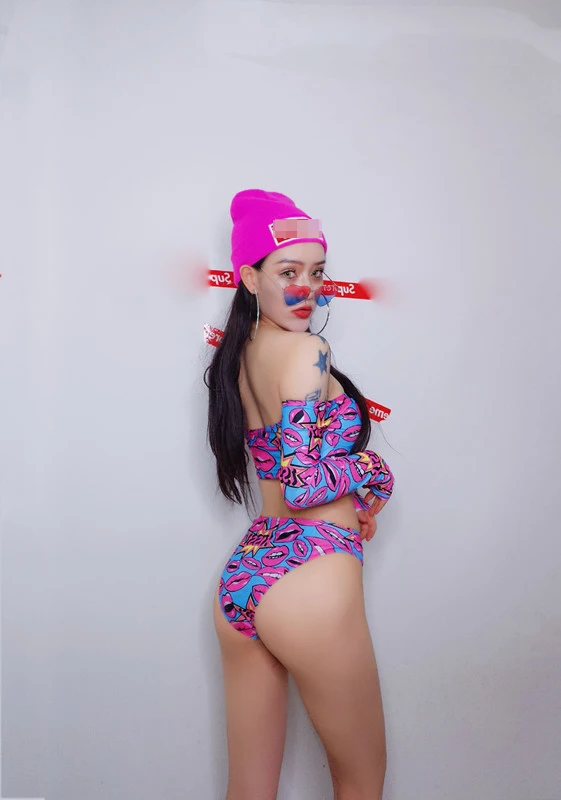 

Plus Size 2XL Jazz Dance Costumes Female Adult Print Sexy Off-Shoulder Bikini Pole Dancing Performance Clothing Festival Outfit