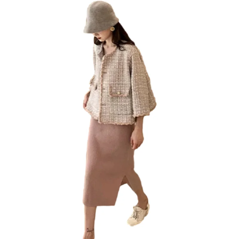 

New Overszie Women Sweater 2 Piece Sets Elegnat Knitted Suits Female Knitting Sweaters Vintage Womens Skirts High Waist Autumn