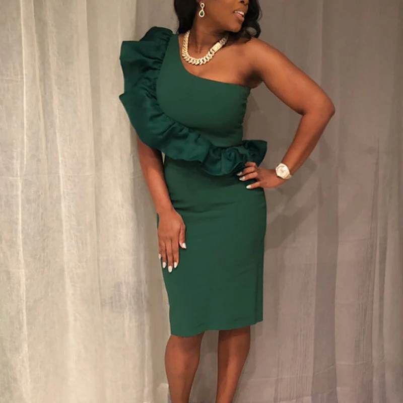 Женское Повседневное платье миди с оборками на одно плечо облегающие вечерние