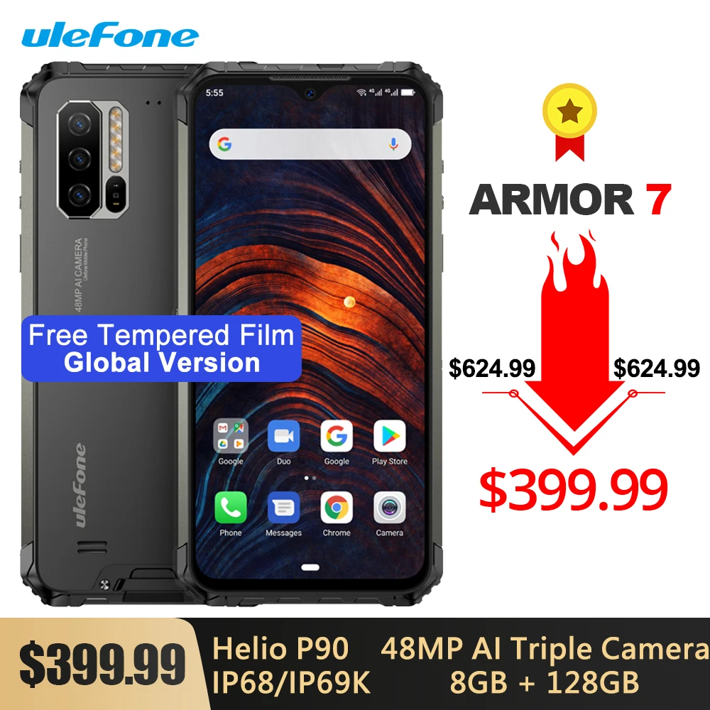 

Ulefone Armor 7 Global Version IP68/IP69K Rugged Phone Android 10.0 Helio P90 Octa Core 8GB+128GB 48MP Triple Camera 5500mAh NFC