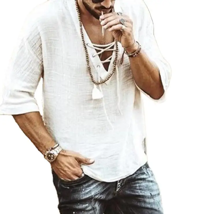 Рубашка Мужская льняная с рукавом до локтя и V-образным вырезом |