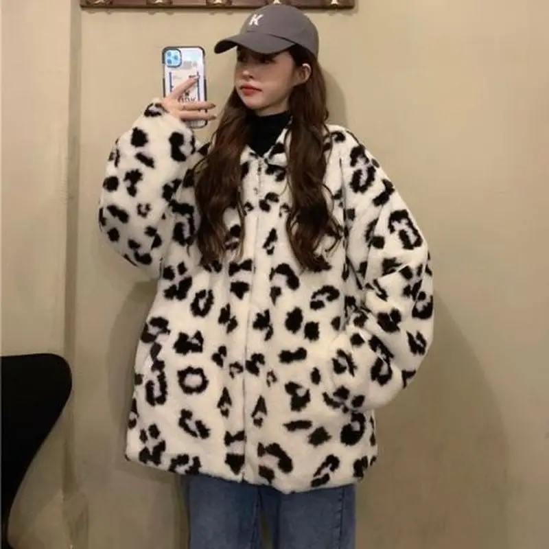 

Winter jackets women leopard print plush stand-up collar loose thick warmth Korean Color Matching Imitation Thickened woman coat