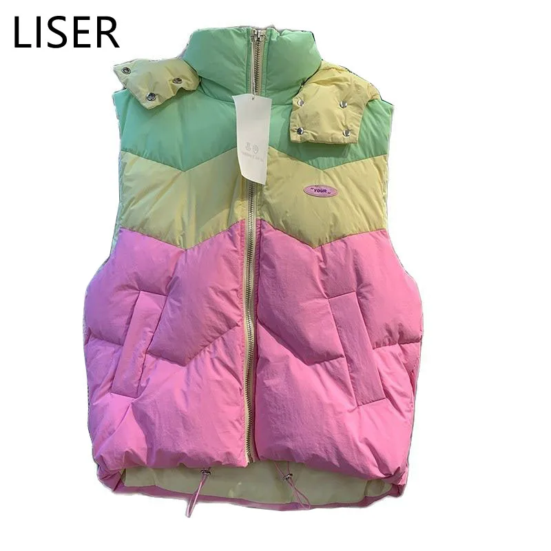 

Женский толстый теплый пуховик, свободный пуховик контрастных цветов на молнии с капюшоном, жилет на белом утином пуху, LL520, зима 2021