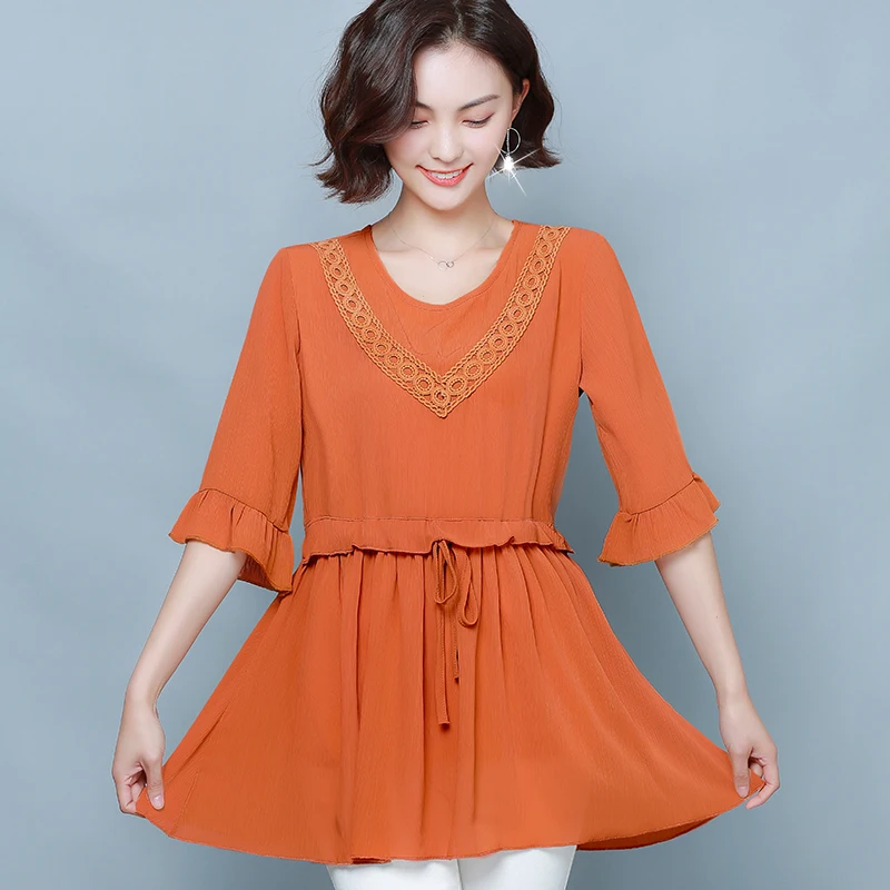 Большие размеры шифоновая блузка с рукавом до локтя Женская Весенняя высокой