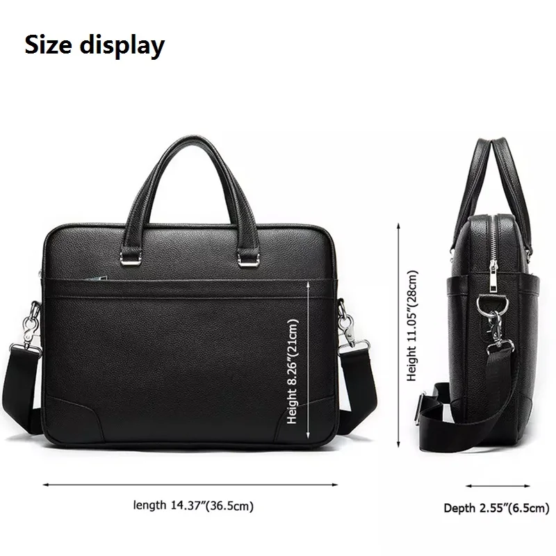 Men's Black Briefcase For Documents Fashion Male Genuine Leather 14 inch Laptop Bag Travel Handbag Shoulder Bags For Men Bags
