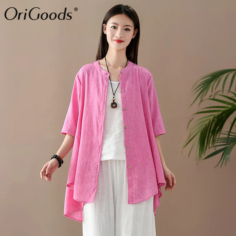 

Женская летняя рубашка OriGoods, длинная свободная блузка из хлопка и льна, Повседневная рубашка в китайском стиле, новинка 2020, женская блузка ...