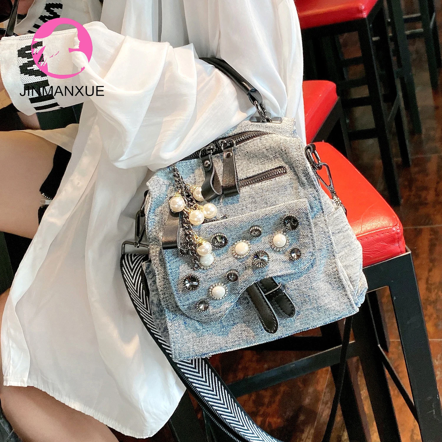 

Women High Street Denim Rhinestone Handbag Female Fashion Messenger Shoulder Bag Designer Crossbody Bag Ladies Travel Backpack