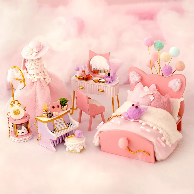 

Creative Dollhouse Craft Toys For Children DIY Mini Furniture Pretend Play Handmade Girls Toy LED Light Landscape Model Kit