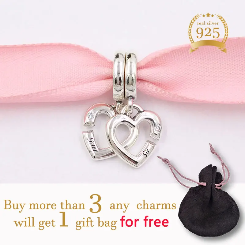 

Moonlight Authentic 925 Sterling Silver Beads Linked Sister Hearts Split Dangle Charm Fits European Style Jewelry Bracelets