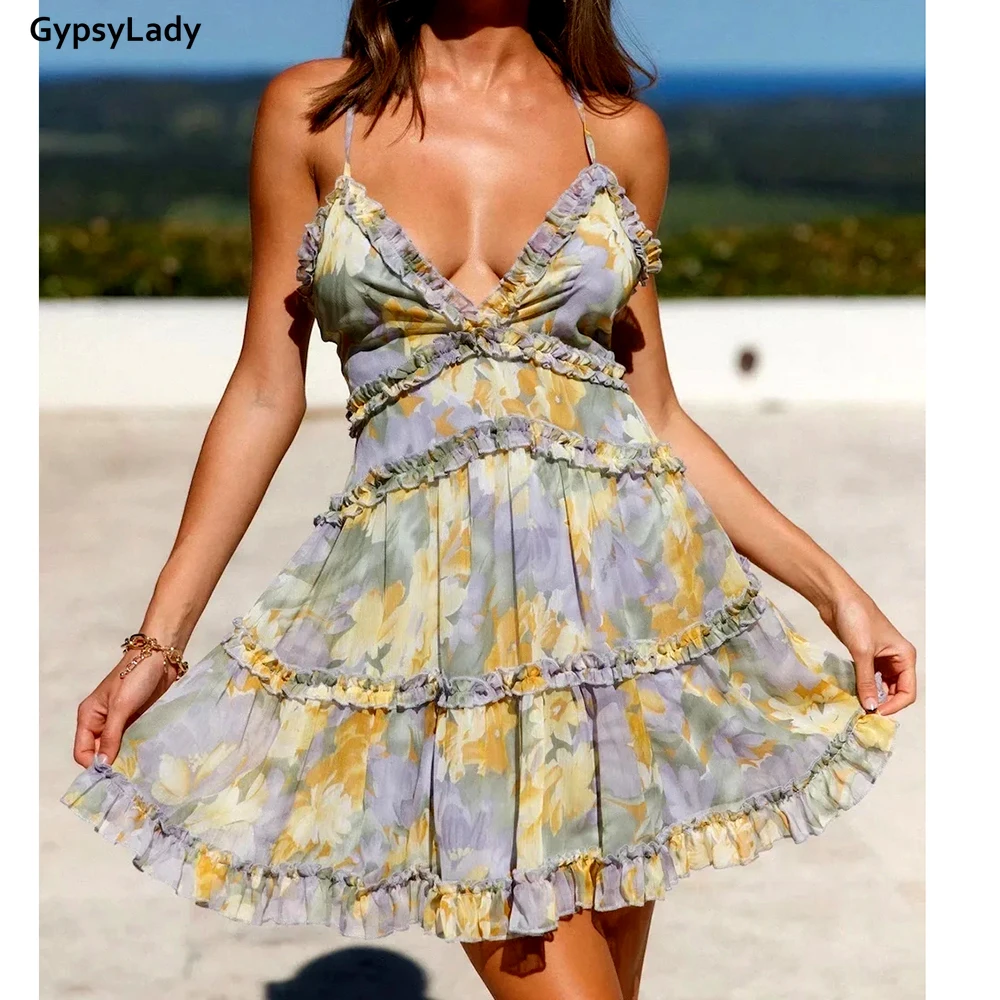 

GypsyLady Floral Print Strappy Mini Dress Summer V-neck Sexy Women Dress Sleeveless Backless Ruffles Chic Ladies Holiday Dress